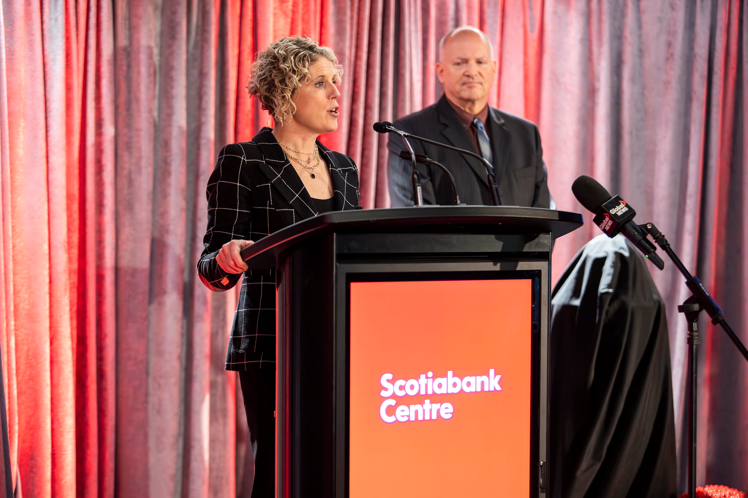 Suzanne Fougere speaks at a Scotiabank naming rights announcement